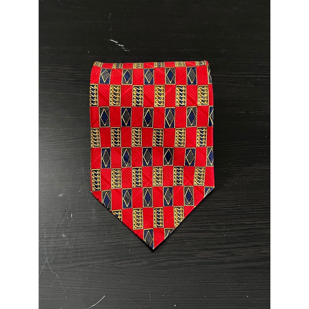 Countess Mara Red Silk Geometric Diamond Scroll Print Mens Necktie Made in USA